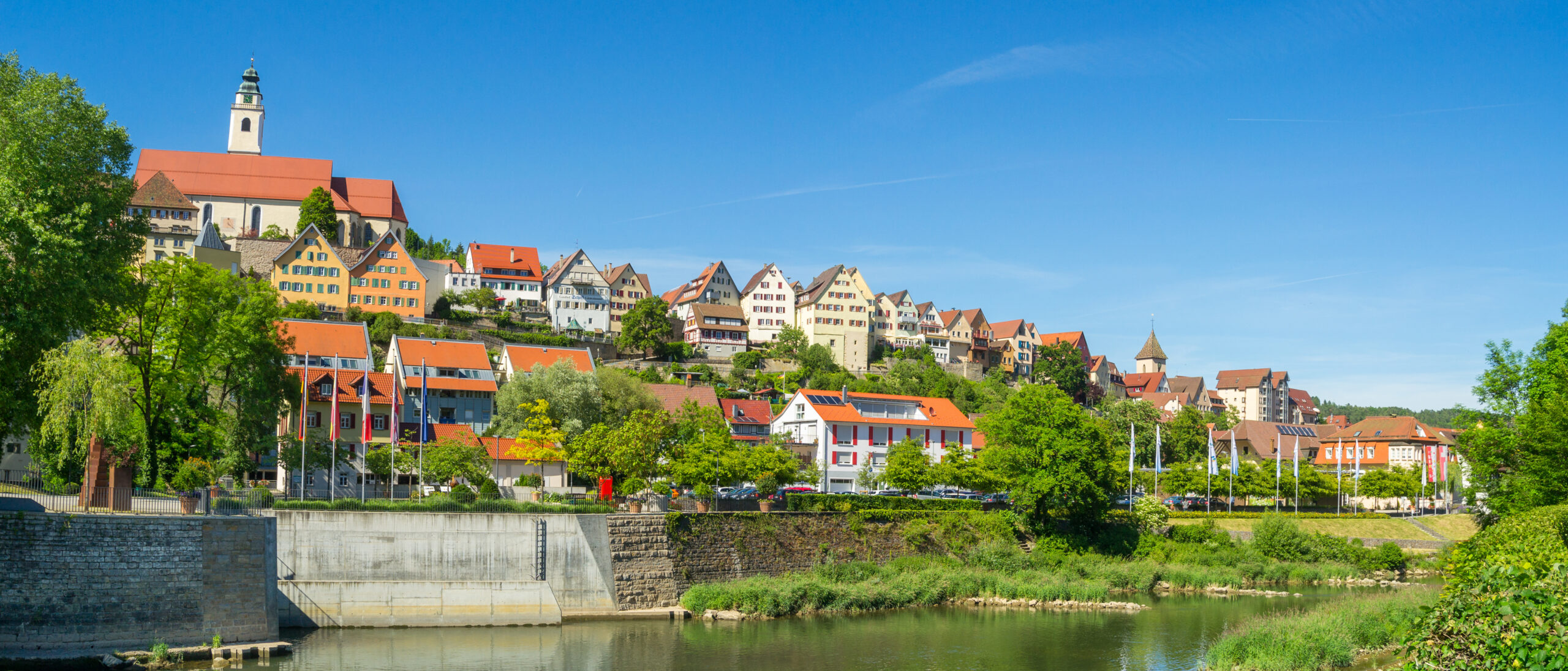 Altstadt von Horb am Neckar mit Stiftskirche über dem Neckar